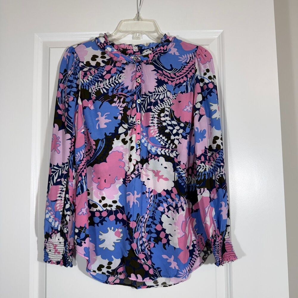 Talbots Blooming Floral Smocked Cuff Blouse Sz M
